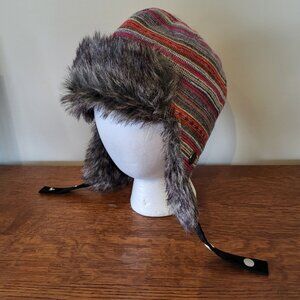 Pistil Faux Fur Knit Bomber Trapper Hat with Chin Strap NWOT